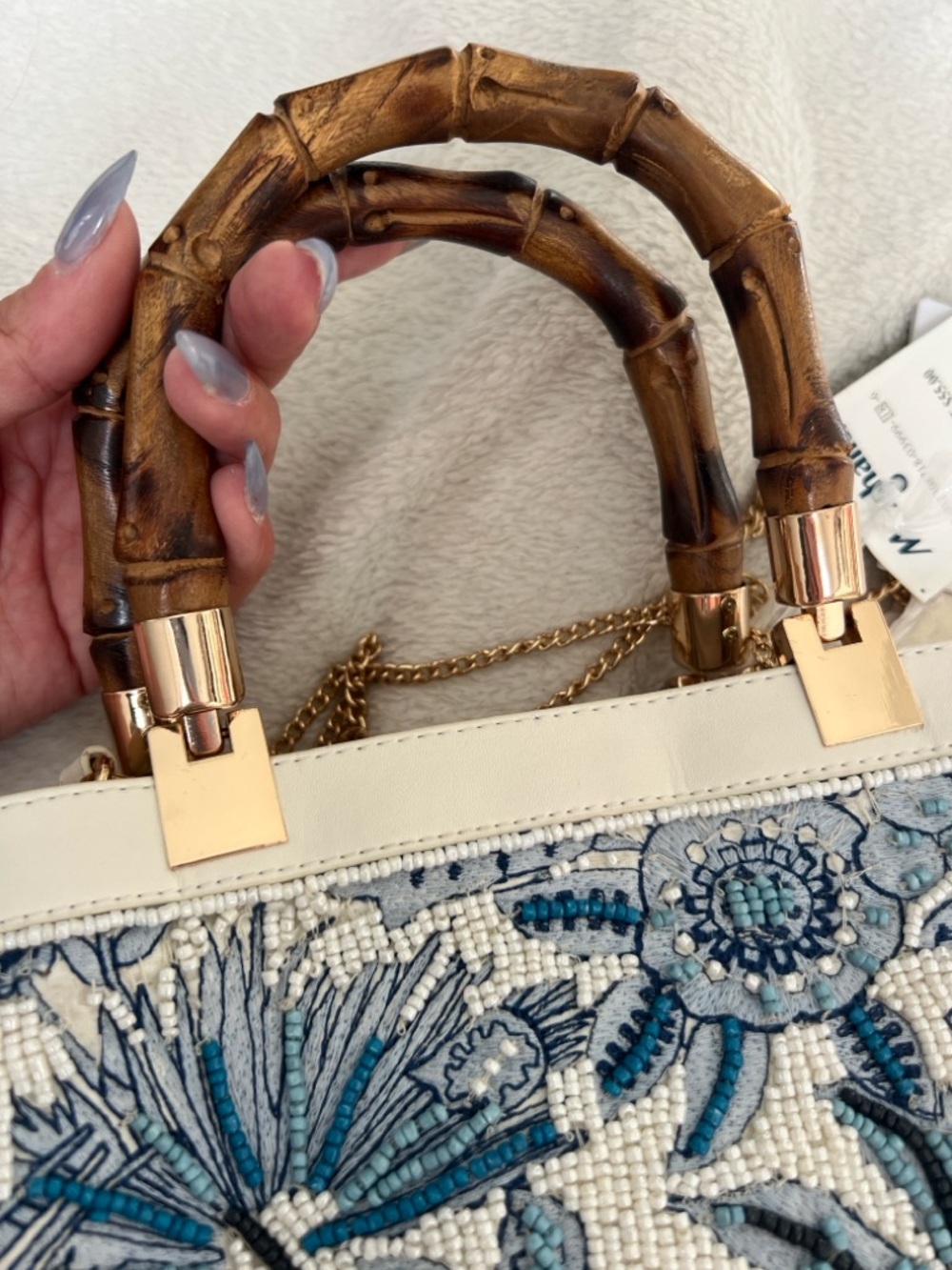 Embroidered Beaded Top-Handle Tote in Ivory and Blue - Picture 3 of 9